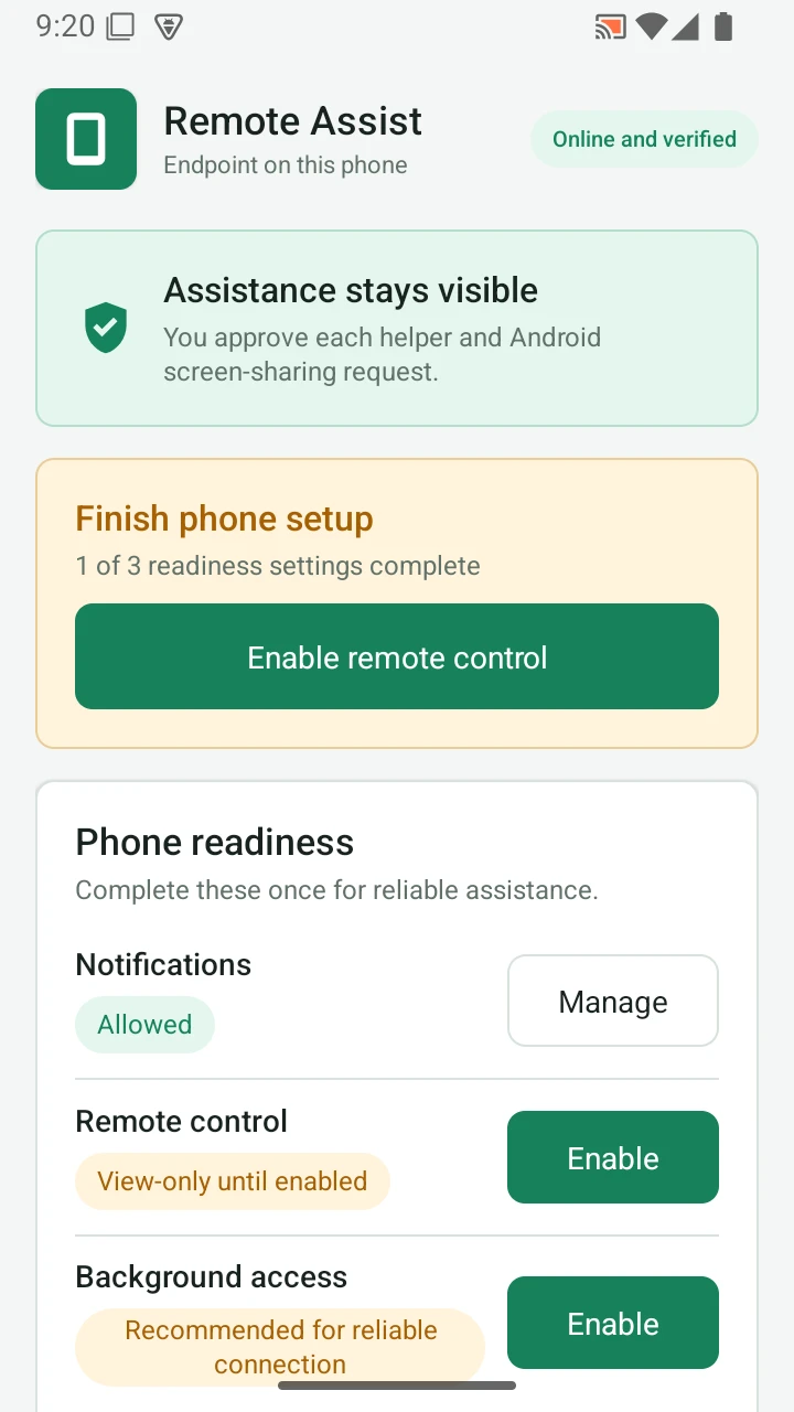 Remote Assist Endpoint readiness screen on Android