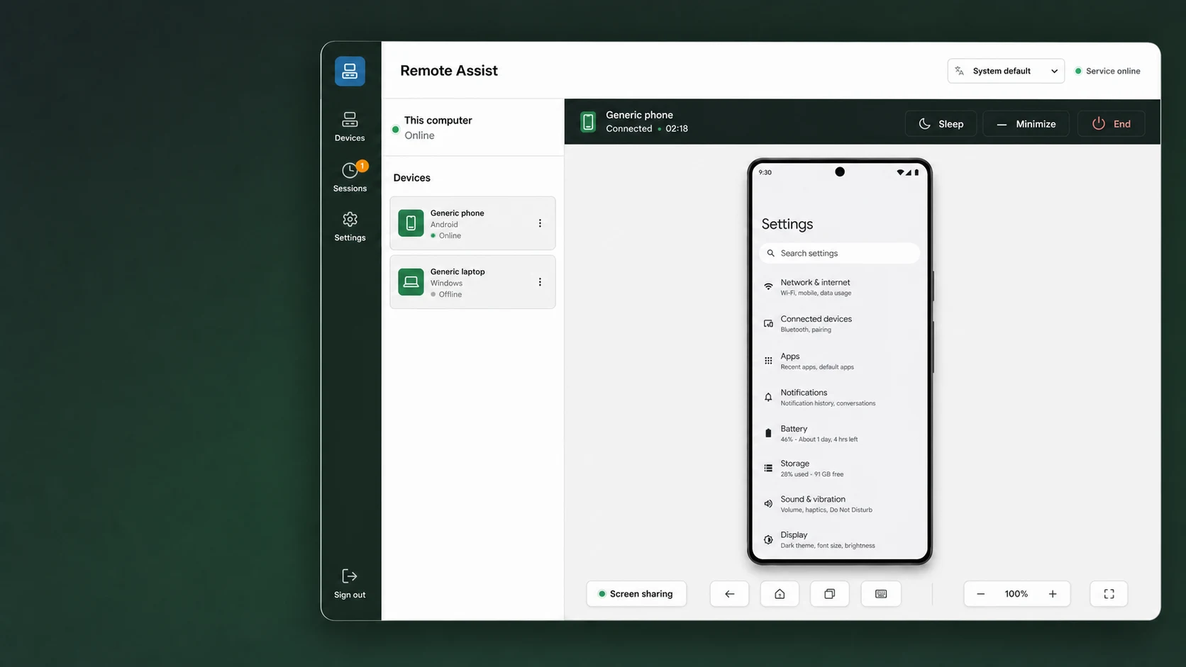 Remote Assist Controller showing a family phone in an approved assistance session